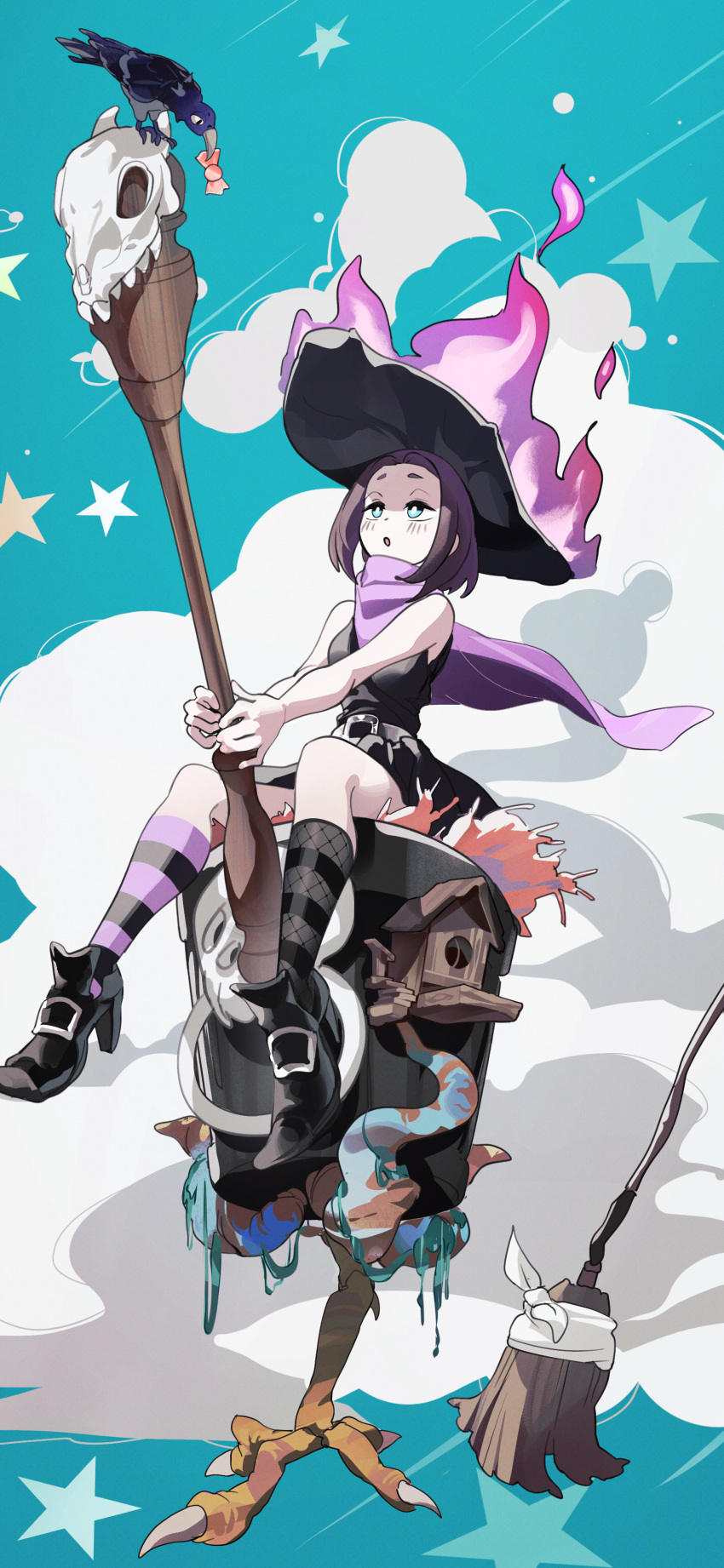 1girl absurdres baba_yaga_(mythology) bird birdhouse blue_eyes blush broom brown_hair bucket crow dress halloween halloween_costume hat high_heels highres mo0o0rae scarf senpai_ga_uzai_kouhai_no_hanashi shirt short_hair sleeveless sleeveless_dress socks striped striped_socks tsukishiro_mona_(shiromanta) witch witch_hat