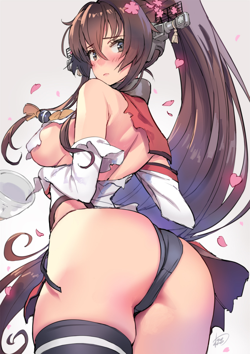 1girl ass back bare_shoulders black_panties blush breasts brown_eyes brown_hair collar detached_sleeves headgear highres kantai_collection large_breasts long_hair looking_at_viewer looking_back matsuda_(matsukichi) metal_collar panties ponytail solo thighs torn_clothes underwear yamato_(kancolle)