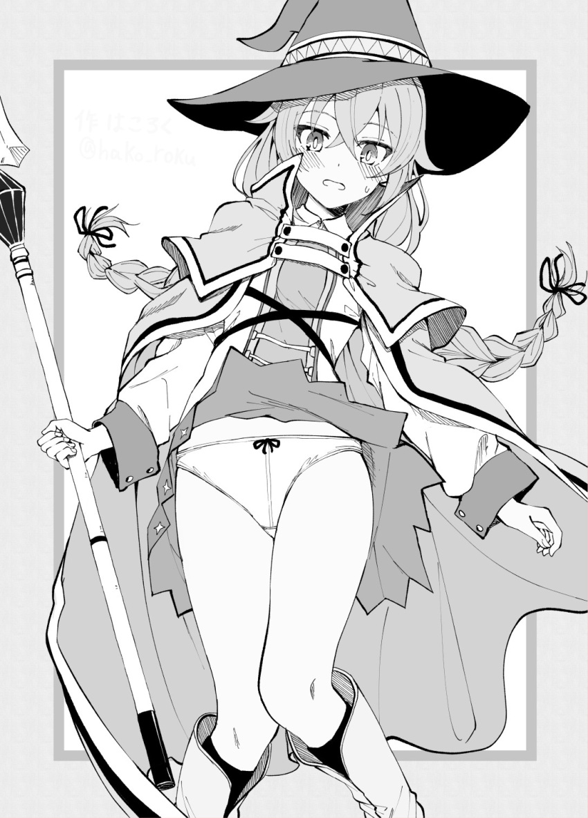 1girl blush boots border braid cloak crossed_bangs feet_out_of_frame greyscale hair_between_eyes hair_ribbon hako_roku hat highres holding holding_staff long_sleeves monochrome mushoku_tensei panties parted_lips ribbon roxy_migurdia solo staff sweat twin_braids underwear upskirt witch_hat