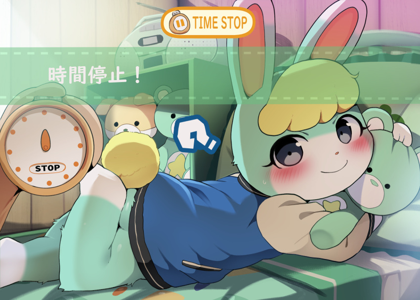 2023 ambiguous_gender animal_crossing anthro blush clock clothing dagasi digital_media_(artwork) duo english_text fur hair hi_res japanese_text lagomorph leporid looking_at_viewer mammal nintendo plushie rabbit sasha_(animal_crossing) smile solo_focus stopwatch teddy_bear text watch