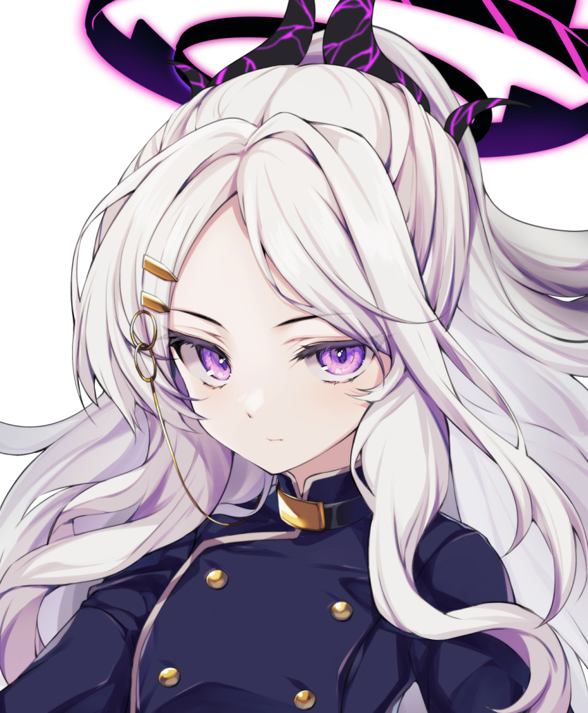 1girl blue_archive commentary_request demon_girl demon_horns forehead hair_ornament hairclip halo highres hina_(blue_archive) horns kaniya_shiku long_hair long_sleeves looking_at_viewer military_uniform parted_bangs ponytail purple_eyes sidelocks simple_background solo uniform wavy_hair white_background white_hair
