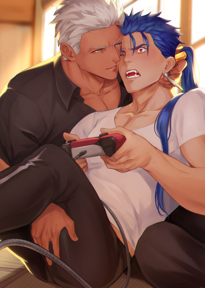 2boys archer_(fate) black_pants black_shirt blue_hair blurry blurry_background collarbone controller cu_chulainn_(fate) earrings fangs fate/grand_order fate_(series) game_controller gravesecrets hand_on_another's_head hand_on_another's_thigh highres holding holding_controller holding_game_controller hug indoors jewelry light_particles long_hair male_focus mature_male multiple_boys muscular muscular_male one_eye_closed open_mouth pants parted_lips pectoral_cleavage pectorals ponytail red_eyes sharp_teeth shirt short_hair sitting t-shirt tatami teeth white_hair white_shirt window yaoi