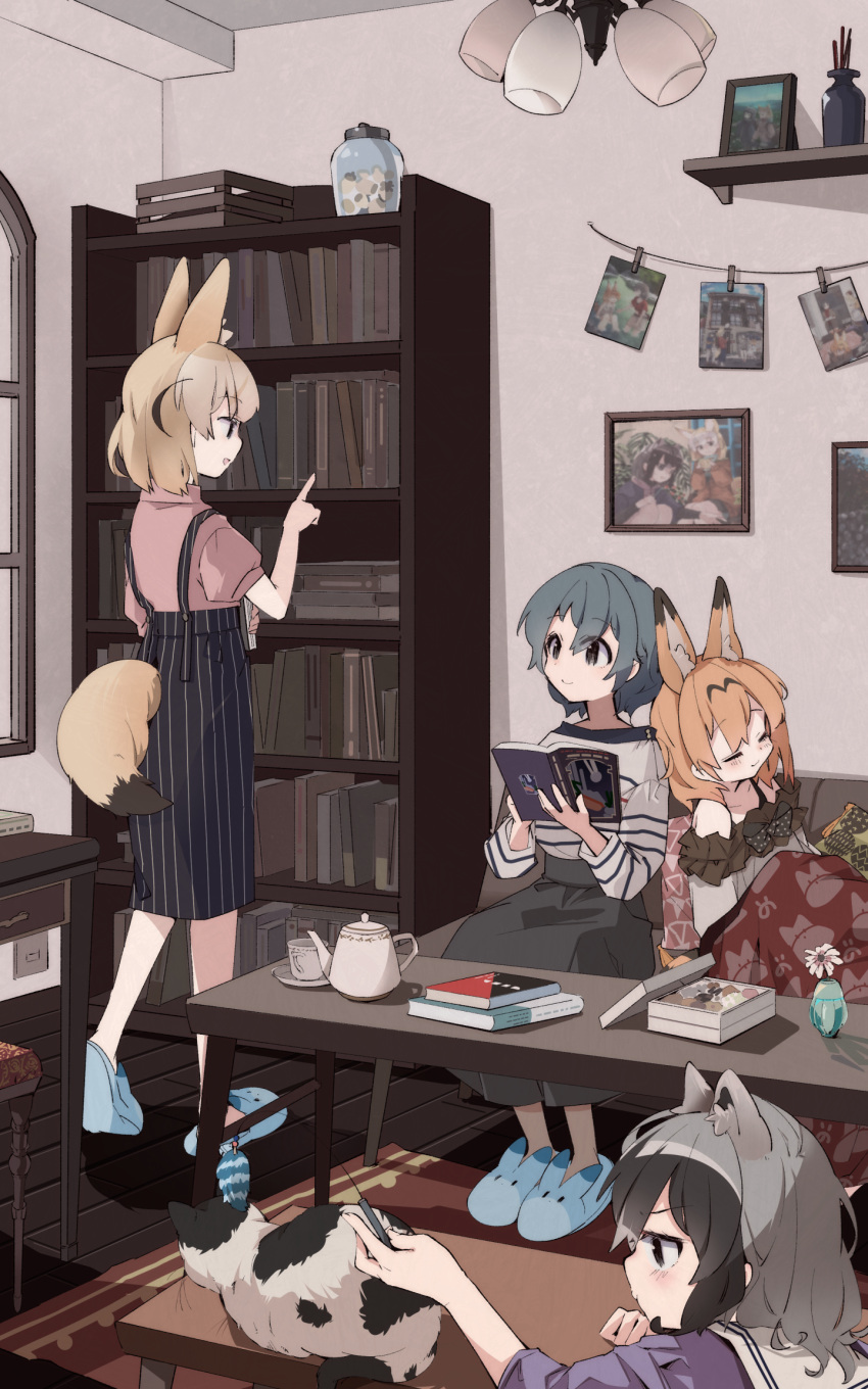 4girls alternate_costume animal_ears bare_shoulders black_hair black_skirt blanket blonde_hair blue_shirt blush book casual cat cat_ears cat_girl commentary common_raccoon_(kemono_friends) contemporary extra_ears fennec_(kemono_friends) fox_ears fox_girl fox_tail frilled_shirt_collar frills green_skirt grey_hair highres kaban_(kemono_friends) kemono_friends long_sleeves multicolored_hair multiple_girls nanana_(nanana_iz) pink_shirt puffy_short_sleeves puffy_sleeves raccoon_ears raccoon_girl reading sailor_collar serval_(kemono_friends) shirt short_hair short_sleeves sitting skirt sleeping slippers striped striped_skirt suspender_skirt suspenders sweater tail two-tone_hair white_sweater