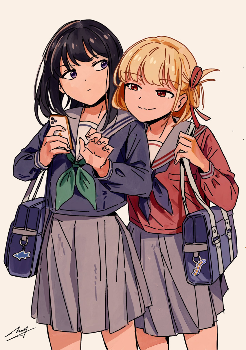 2girls adapted_costume aqua_neckerchief bag bag_charm black_hair blonde_hair blue_bag blue_neckerchief blue_shirt cellphone charm_(object) closed_mouth commentary english_commentary grey_sailor_collar grey_serafuku grey_skirt hair_ribbon highres holding holding_phone inoue_takina iphone long_hair long_sleeves looking_at_another lycoris_recoil lycoris_uniform matching_accessory multiple_girls neckerchief nguyen_huy nishikigi_chisato one_side_up peeking phone pleated_skirt puffy_sleeves purple_hair red_eyes red_ribbon red_shirt ribbon sailor_collar school_bag school_uniform serafuku shirt shoulder_bag sidelocks signature simple_background skirt smartphone smile white_background yuri