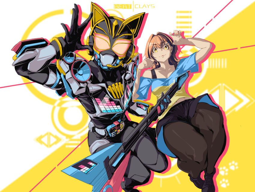 1girl absurdres animal_ears animal_hands axe beat_axe beat_buckle belt black_bodysuit black_shorts black_tank_top bodysuit boots breasts cat_ears cat_paws clays_(clayschan) clenched_hand desire_driver driver_(kamen_rider) dual_persona earpiece glowing glowing_eyes guitar highres holding holding_instrument instrument kamen_rider kamen_rider_geats_(series) kamen_rider_na-go keytar kurama_neon looking_at_viewer lying medium_breasts microphone music off-shoulder_shirt off_shoulder on_back paw_pose pink_eyes playing_instrument raise_buckle shirt shorts sparkle tank_top thick_thighs thighs tokusatsu two-tone_background white_background yellow_background