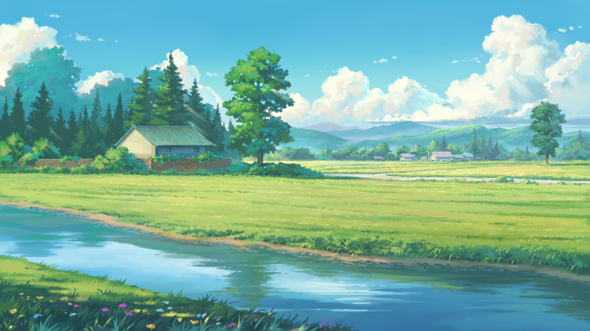 absurdres blue_sky brick_wall bush chinese_commentary cloud day didikaka dirt_road field flower forest grass highres house landscape mountain mountainous_horizon nature no_humans original outdoors river road rural scenery sky summer tree utility_pole