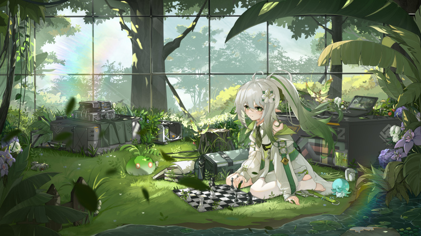 1girl absurdres alternate_costume aranara_(genshin_impact) bishop_(chess) board_game book book_stack chess chess_piece closed_mouth collared_dress commentary_request computer contemporary crate cross-shaped_pupils crystalfly_(genshin_impact) dress fence flower genshin_impact grass green_eyes green_hair hair_flower hair_ornament highres holding_chess_piece jacket jimumian87927 king_(chess) knight_(chess) laptop lily_of_the_valley lily_pad long_hair long_sleeves looking_at_viewer nahida_(genshin_impact) off-shoulder_jacket off_shoulder open_clothes open_jacket pawn_(chess) pointy_ears ponytail purple_flower recursion rook_(chess) scenery single_thighhigh sitting sleeveless sleeveless_dress slime_(genshin_impact) solo stirrup_legwear symbol-shaped_pupils thighhighs toeless_legwear tree wariza water white_dress white_flower white_hair white_jacket wide_shot