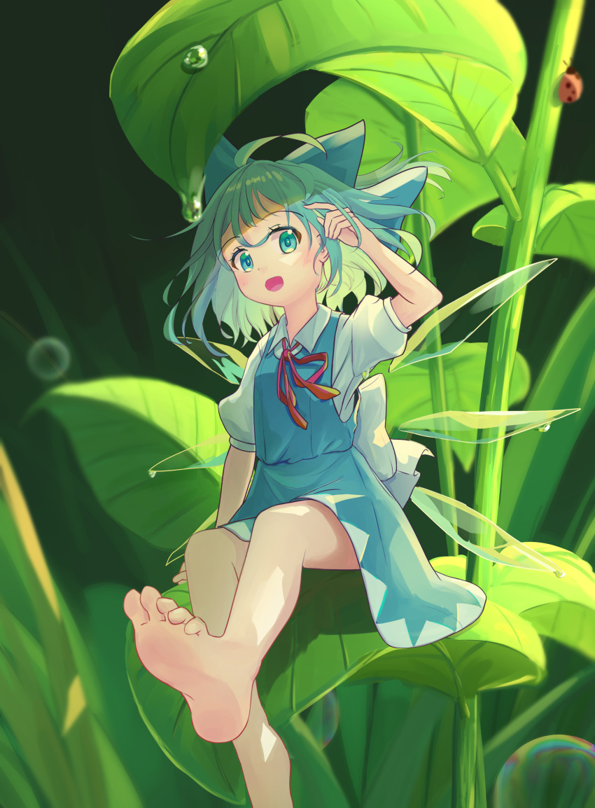 1girl absurdres adjusting_hair ahoge barefoot blue_bow blue_dress blue_eyes blue_hair bow bug cirno cirno_day commentary detached_wings dress full_body hair_bow highres ice ice_wings ladybug lbcirno9 looking_at_viewer mini_person minigirl neck_ribbon open_mouth pinafore_dress plant red_ribbon ribbon shirt short_hair short_sleeves sleeveless sleeveless_dress solo touhou waist_bow water_drop white_bow white_shirt wings