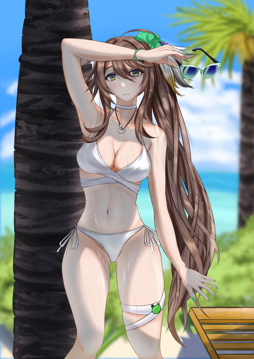 1girl absurdres ai_the_somnium_files:_nirvana_initiative arm_over_head arm_up bao-bao-jun beach bikini blue_sky blurry blurry_background breasts brown_hair character_request check_commentary choker cleavage cloud collarbone commentary commentary_request day eyelashes eyewear_removed fantasy fingernails green_nails hair_between_eyes hair_ornament hair_scrunchie highres holding holding_removed_eyewear hot jewelry long_bangs long_hair looking_at_viewer medium_breasts navel necklace ocean outdoors palm_tree scrunchie shadow sidelocks sky stomach sunglasses sweat swimsuit tree very_long_hair virtual_youtuber white_bikini yellow_eyes