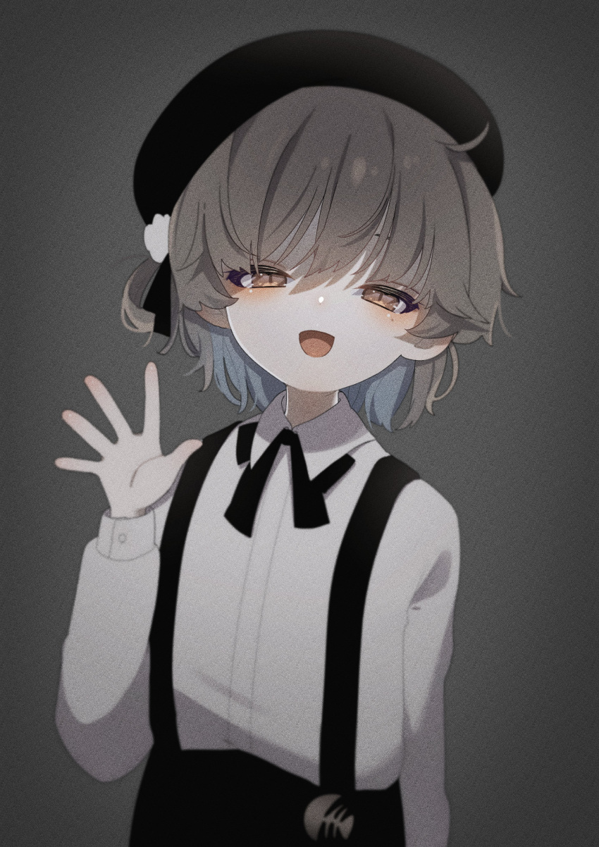 1girl absurdres beret black_headwear black_ribbon black_skirt brown_eyes brown_hair buttoned_cuffs collared_shirt colored_inner_hair commentary_request film_grain flower grey_background grey_hair hair_flower hair_ornament hair_ribbon half-closed_eyes hand_up hat hatoba_tsugu head_tilt highres light_blush long_sleeves looking_at_viewer mole mole_under_eye multicolored_hair neck_ribbon open_mouth ribbon shirt short_hair single_hair_ring skirt smile solo suspender_skirt suspenders tsugu_(vtuber) upper_body uu3cm virtual_youtuber waving white_flower white_shirt