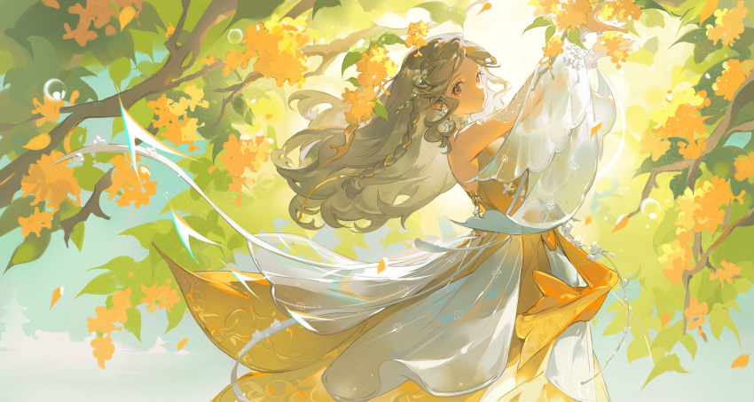 1girl :o bare_shoulders blue_sky braid brown_eyes brown_hair bubble cloud day detached_sleeves dress eyelashes falling_petals floral_print flower hair_flower hair_ornament highres long_dress long_hair long_sleeves original outdoors outstretched_arm parted_lips petals ribbon see-through see-through_sleeves single_braid sky sleeveless sleeveless_dress solo sunlight tree white_flower white_sleeves wide_sleeves yellow_dress yellow_flower yellow_ribbon yunouou10