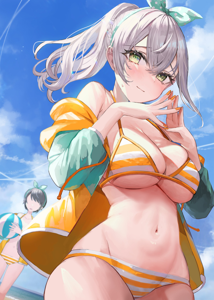 2girls absurdres ball bare_shoulders beach beachball bikini blue_sky blush bow braid breasts cleavage cloud cosplay cowboy_shot day faceless faceless_female fingernails green_eyes grey_hair hair_between_eyes hair_bow hair_ornament highres hololive jacket jacket_partially_removed large_breasts light_blush light_smile long_hair looking_at_viewer looking_down multiple_girls navel ocean oozora_subaru oozora_subaru_(3rd_costume) oozora_subaru_(cosplay) open_clothes open_jacket own_hands_together ponytail rum_raisin_(chihiromakita19) shirogane_noel sidelocks sky smile solo_focus standing stomach striped striped_bikini swimsuit thick_eyelashes virtual_youtuber water yellow_bikini