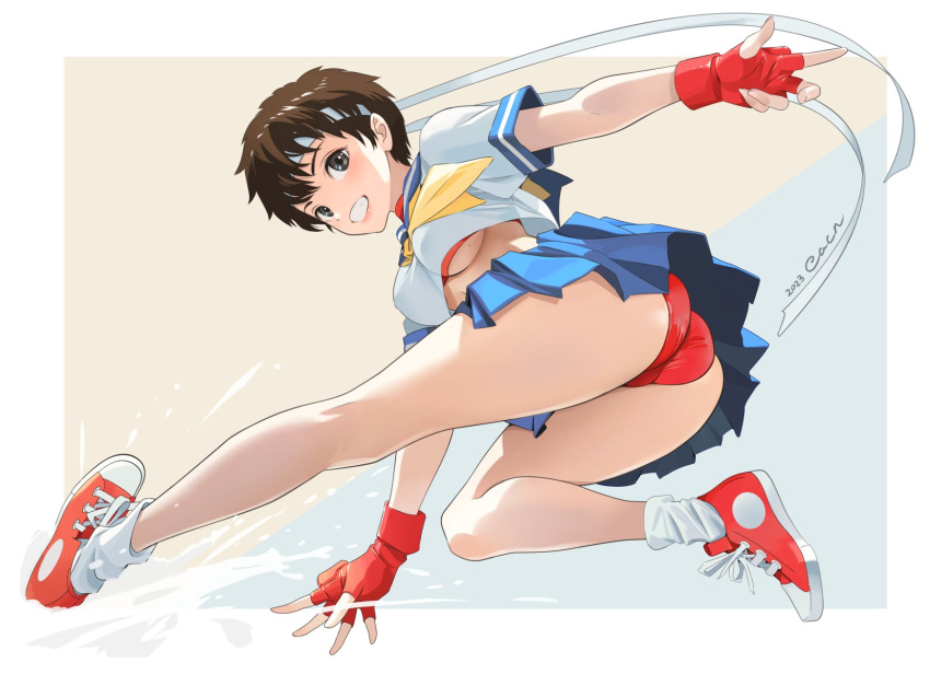 1girl ass brown_hair cacn capcom fingerless_gloves gloves highres kasugano_sakura looking_at_viewer panties shoes short_hair smile sneakers socks solo street_fighter teeth underwear