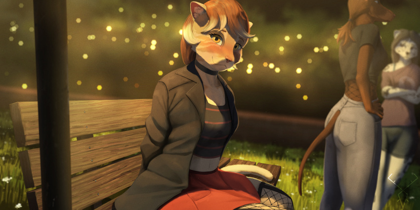 absurd_res anthro axislewdsrep bench black_hair blurred_background blush bokeh bottomwear brown_body brown_fur brown_hair canid canine canis choker claire_(axislewdsrep) clothed clothing crop_top darcy_(axislewdsrep) denim denim_bottomwear denim_clothing dobermann domestic_cat domestic_dog eyelashes felid feline felis female female/female fishnet fishnet_legwear fishnet_shirt fluffy fluffy_tail fur grass group hair hi_res inner_ear_fluff jacket jeans jewelry legwear long_hair loose_shirt mammal midriff necklace night outside pants park pinscher plant pole sam_(axislewdsrep) shirt sitting skirt small_nose tail tan_body tan_fur thin_tail topwear torn_bottomwear torn_clothing tuft white_body white_fur