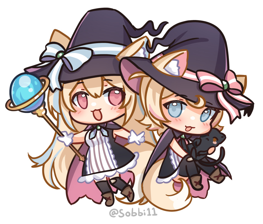 2girls :3 :d animal animal_ears black_cat_(little_witch_nobeta) black_dress black_headwear blue_eyes blue_hair brown_footwear cat chibi cosplay dog_ears dog_girl dog_tail dress fuwawa_abyssgard hat highres holding holding_animal holding_cat hololive hololive_english long_hair looking_at_viewer master117 medium_hair mococo_abyssgard multicolored_hair multiple_girls nobeta nobeta_(cosplay) open_mouth pink_eyes pink_hair shoes siblings sidelocks sisters smile streaked_hair tail transparent_background twins virtual_youtuber witch witch_hat