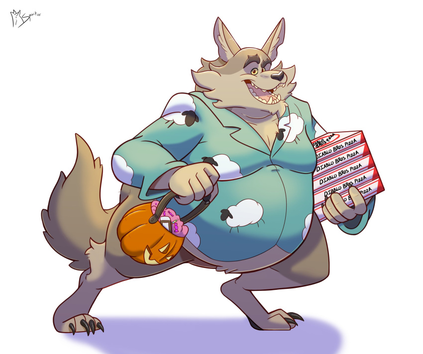 absurd_res anthro bottomless canid canine cheek_tuft clothed clothing facial_tuft food halloween harry_the_werewolf hi_res holidays jack-o'-lantern male mammal moobs obese overweight pantsless pizza scary_godmother shirt shirt_only solo spiritfoxzilla topwear topwear_only tuft were werecanid werecanine werewolf