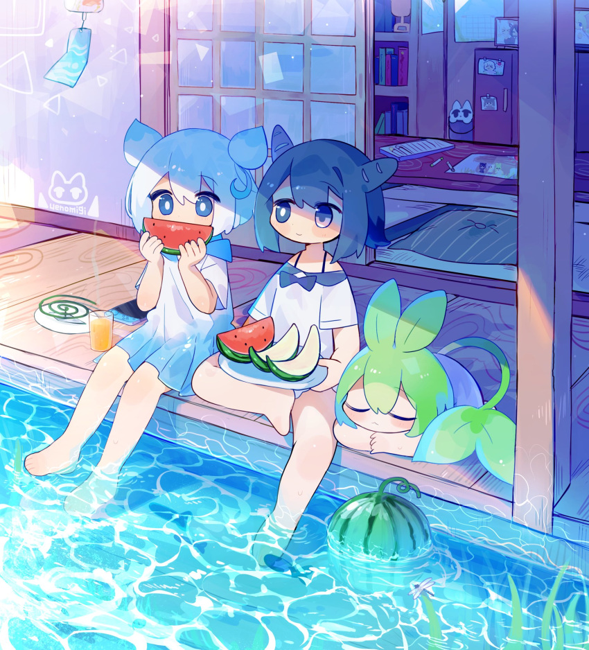3girls artist_name barefoot blue_bow blue_bowtie blue_dress blue_eyes blue_hair bow bowtie bright_pupils closed_eyes closed_mouth commentary cup curled_up day double_bun dress drinking_glass eating food fruit gradient_dress green_hair hair_bun highres holding holding_food holding_fruit holding_plate incense leaf mosquito_coil multiple_girls off-shoulder_dress off_shoulder original outdoors plant_hair plate porch short_hair short_sleeves sitting sleeping sliding_doors soaking_feet summer symbol-only_commentary tail uenomigi water watermelon watermelon_slice white_dress white_hair white_pupils wind_chime