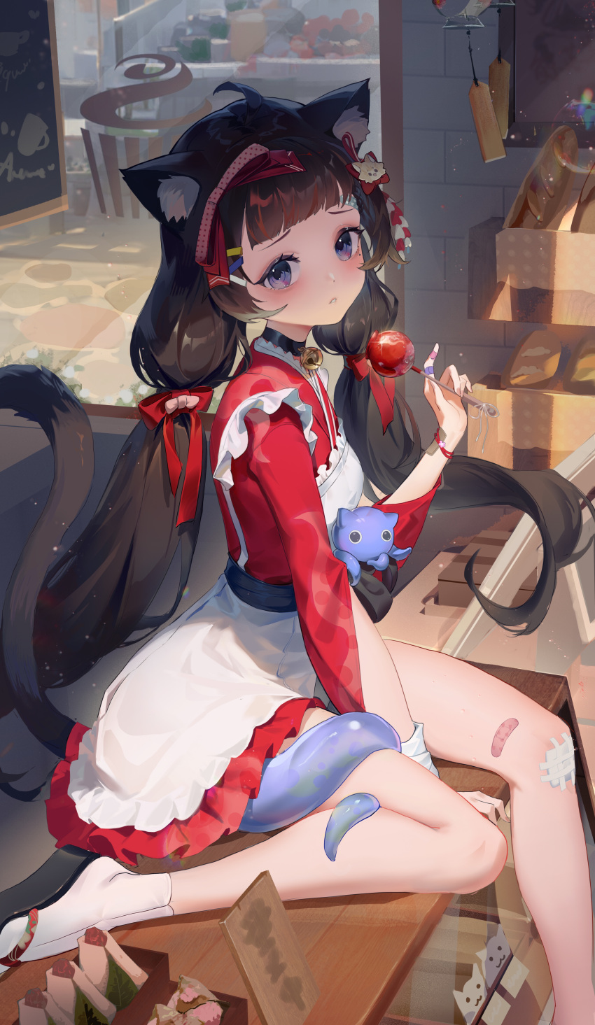 1girl absurdres animal_ears apron arm_support baguette bandaid bandaid_on_hand bell black_choker black_hair bread brick_wall candy_apple cat_ears cat_girl cat_tail choker commentary_request dress food frilled_apron frills hand_up highres holding holding_food hz_(megumi_akira) jingle_bell long_hair long_sleeves looking_at_viewer low_twintails maid_apron neck_bell no_shoes original parted_lips purple_eyes red_dress socks solo tail tentacles twintails very_long_hair white_apron white_socks