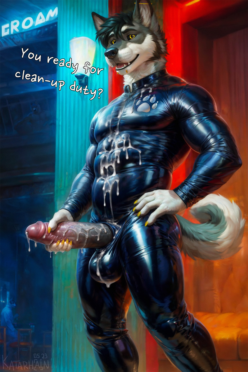 abs anthro balls balls_outline big_penis black_clothing bodily_fluids canid canine canis clothing cum cum_on_balls cum_on_chest cum_on_own_chest cum_on_penis cum_on_self dripping ear_piercing facial_piercing fur genital_fluids genital_outline genitals glistening glistening_clothing grey_body grey_fur hand_on_hip hi_res humanoid_genitalia humanoid_penis industrial_piercing katarhein lip_piercing looking_at_viewer male mammal muscular muscular_anthro muscular_male penis piercing precum rubber rubber_clothing rubber_suit snakebite_piercing solo standing tight_clothing wolf yellow_eyes