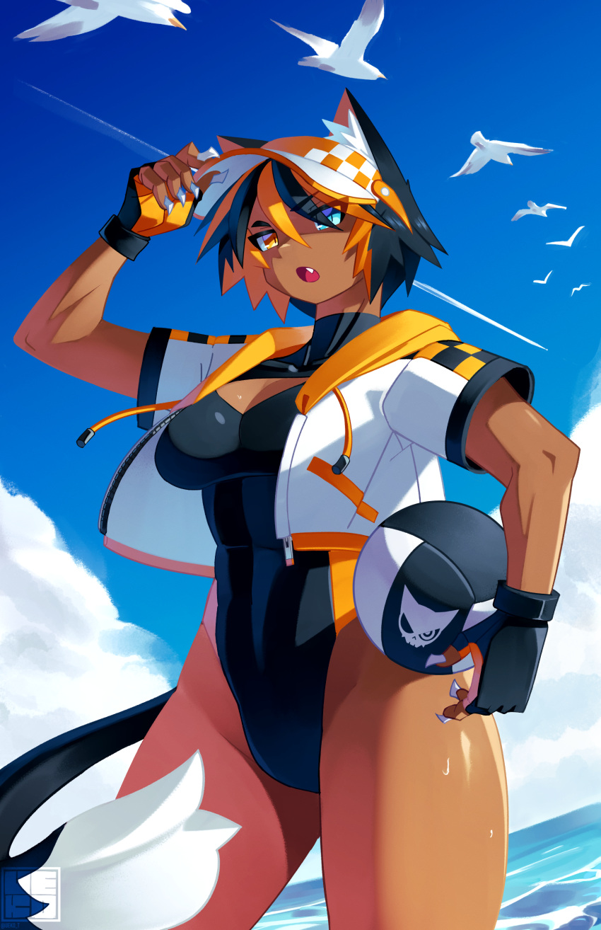 1girl absurdres animal animal_ear_fluff animal_ears arm_up ball bird black_gloves black_hair blue_eyes breasts cat_ears cat_girl cat_tail checkered_clothes checkered_headwear claws cleavage cloud collarbone contrail covered_collarbone cumulonimbus_cloud dark-skinned_female dark_skin fang fingernails flying gloves hair_between_eyes hand_on_headwear highres holding holding_ball hood hood_down kat_(ueko) leotard long_fingernails looking_at_viewer multicolored_clothes multicolored_gloves multicolored_hair multicolored_headwear ocean open_mouth orange_eyes orange_gloves orange_hair orange_headwear original outdoors sharp_fingernails short_hair signature solo streaked_hair sweat tail toned tongue triangle_cutout turtleneck twitter_username two-tone_gloves ueko_(ueko_t) very_long_fingernails visor_cap wet white_headwear white_nails zipper zipper_pull_tab