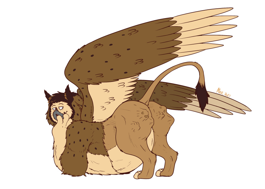 absorption_vore after_vore alpha_channel ambiguous_gender anthro anthro_prey ass_up assimilation avian brown_body brown_feathers brown_fur butt diego_(thatgryphonguy) feathers feral feral_pred fur group gryphon half-closed_eyes hi_res looking_back male male_pred mythological_avian mythology narrowed_eyes raised_tail side_view simple_background size_difference tail transparent_background trio unwilling_prey vore wings