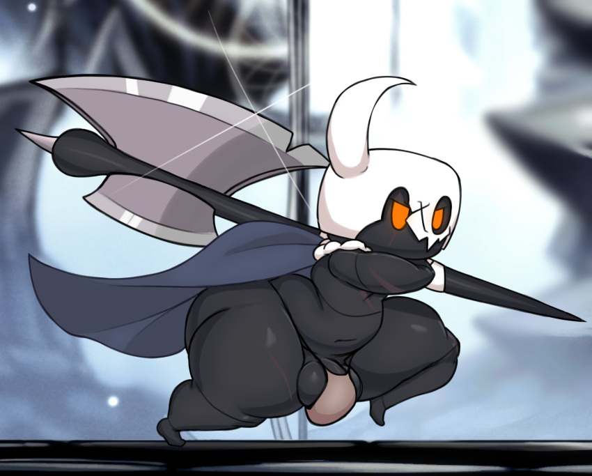 1_horn 2023 angry anthro arthropod axe axoarts balls big_balls big_butt black_body blue_cape butt cape champion_(character) clothing digital_media_(artwork) fan_character genitals half-closed_eyes hi_res holding_axe holding_object holding_weapon hollow_knight horn infected_(species) insect inside male melee_weapon narrowed_eyes on_ground orange_eyes running solo tan_clothing tan_thong tan_underwear team_cherry teapot_(body_type) thick_thighs thong underwear vessel_(species) weapon white_horn