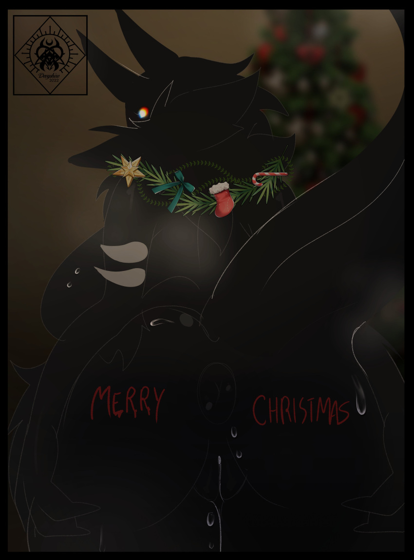 2022 absurd_res anthro anus backrooms_creature big_breasts big_butt biped black_body bodily_fluids body_writing breasts butt chelsea_(devyshirehell) christmas devyshirehell digital_media_(artwork) female genital_fluids genitals glowing glowing_eyes hi_res holidays huge_breasts huge_butt huge_hips huge_thighs nude puffy_anus pussy pussy_juice rear_view simple_background smiler_(the_backrooms) solo sweat sweatdrop the_backrooms thick_thighs wide_hips