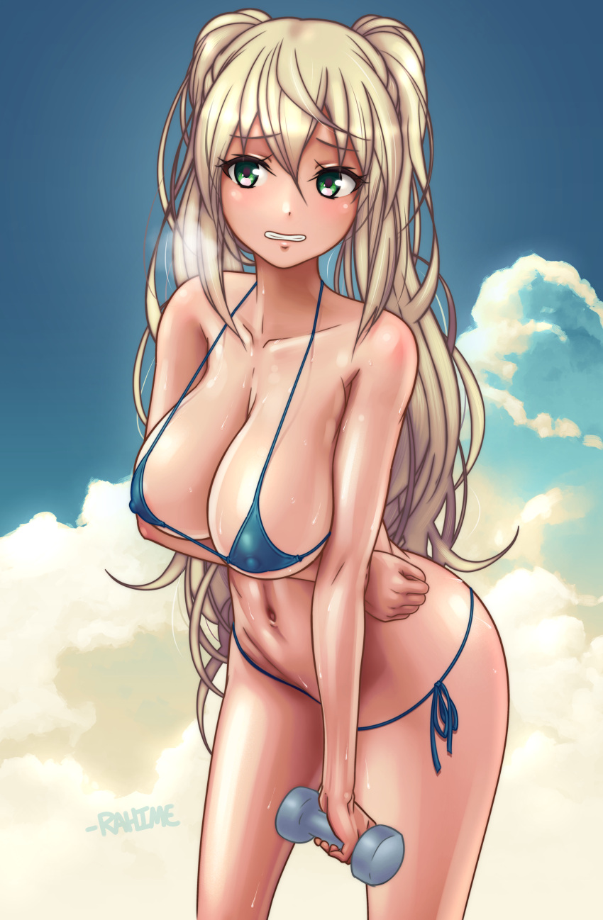 1girl absurdres arm_at_side arm_under_breasts bikini blonde_hair blue_bikini blue_sky breasts breath cleavage clenched_teeth cloud cloudy_sky collarbone dumbbell dumbbell_nan_kilo_moteru? english_commentary exercise green_eyes gyaru hair_between_eyes highres kogal large_breasts leaning_forward looking_to_the_side navel parted_lips rahime sakura_hibiki signature sky stomach sweat swimsuit teeth twintails weightlifting