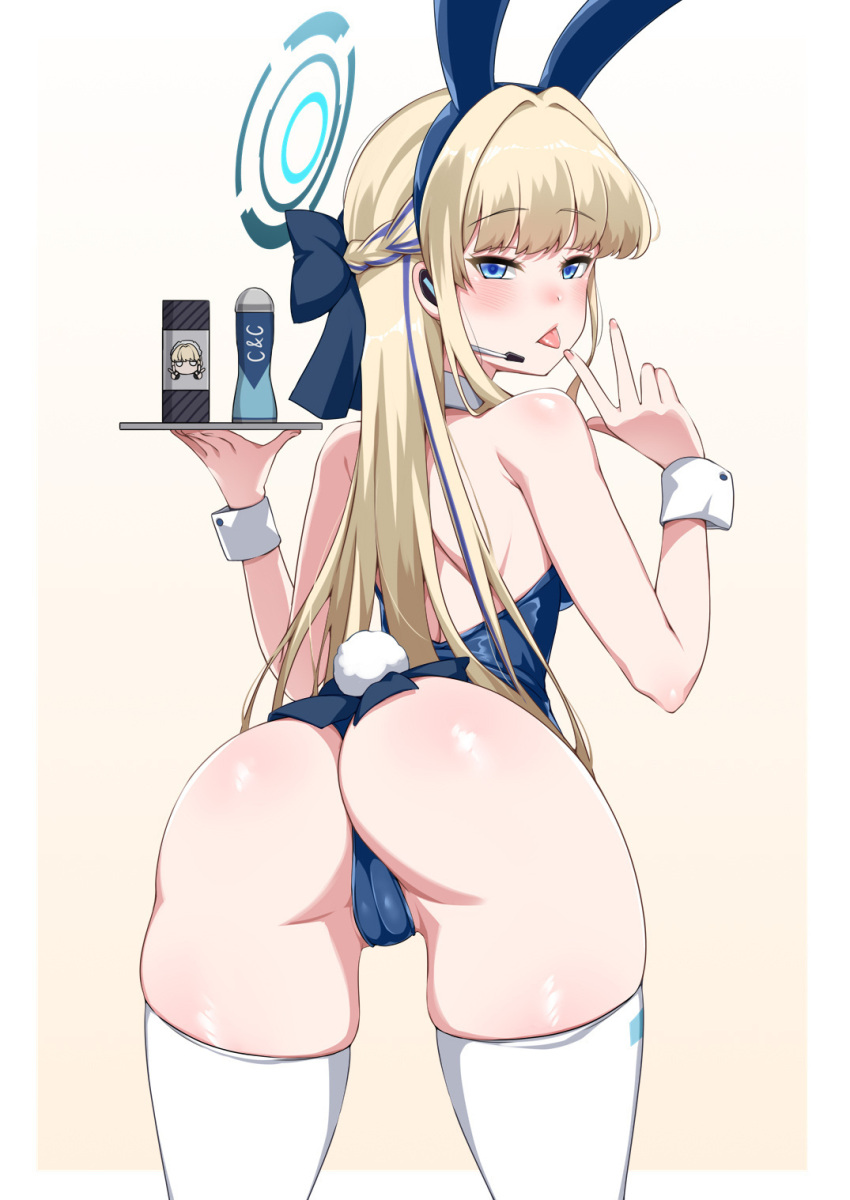 1girl animal_ears ass blonde_hair blue_archive blue_bow blue_eyes blue_hairband bow cameltoe commentary darkmaya earpiece fake_animal_ears fake_tail from_behind hair_bow hairband halo hand_up highres holding holding_tray leaning_forward long_hair looking_at_viewer looking_back lotion_bottle lube microphone rabbit_ears rabbit_tail solo tail thighhighs thighs toki_(blue_archive) toki_(bunny)_(blue_archive) tongue tongue_out tray w white_thighhighs wrist_cuffs