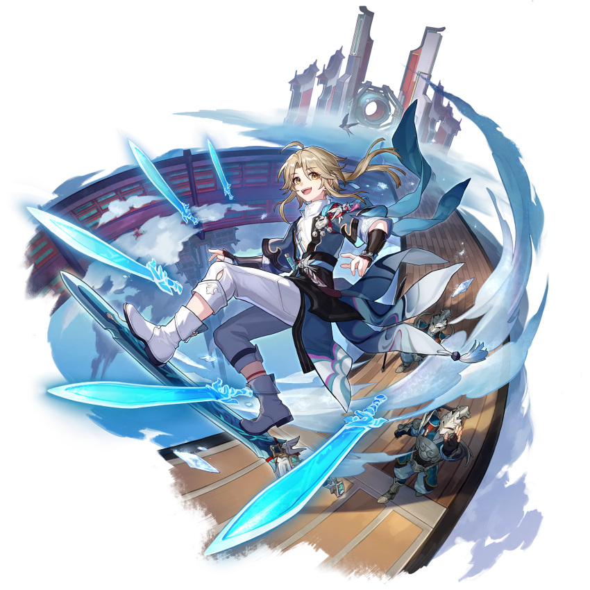 2boys ahoge armor bad_source blonde_hair chinese_clothes helmet highres honkai:_star_rail honkai_(series) japanese_armor kote male_focus multiple_boys multiple_swords official_art ponytail shoes teeth transparent_background upper_teeth_only white_footwear yanqing_(honkai:_star_rail) yellow_eyes