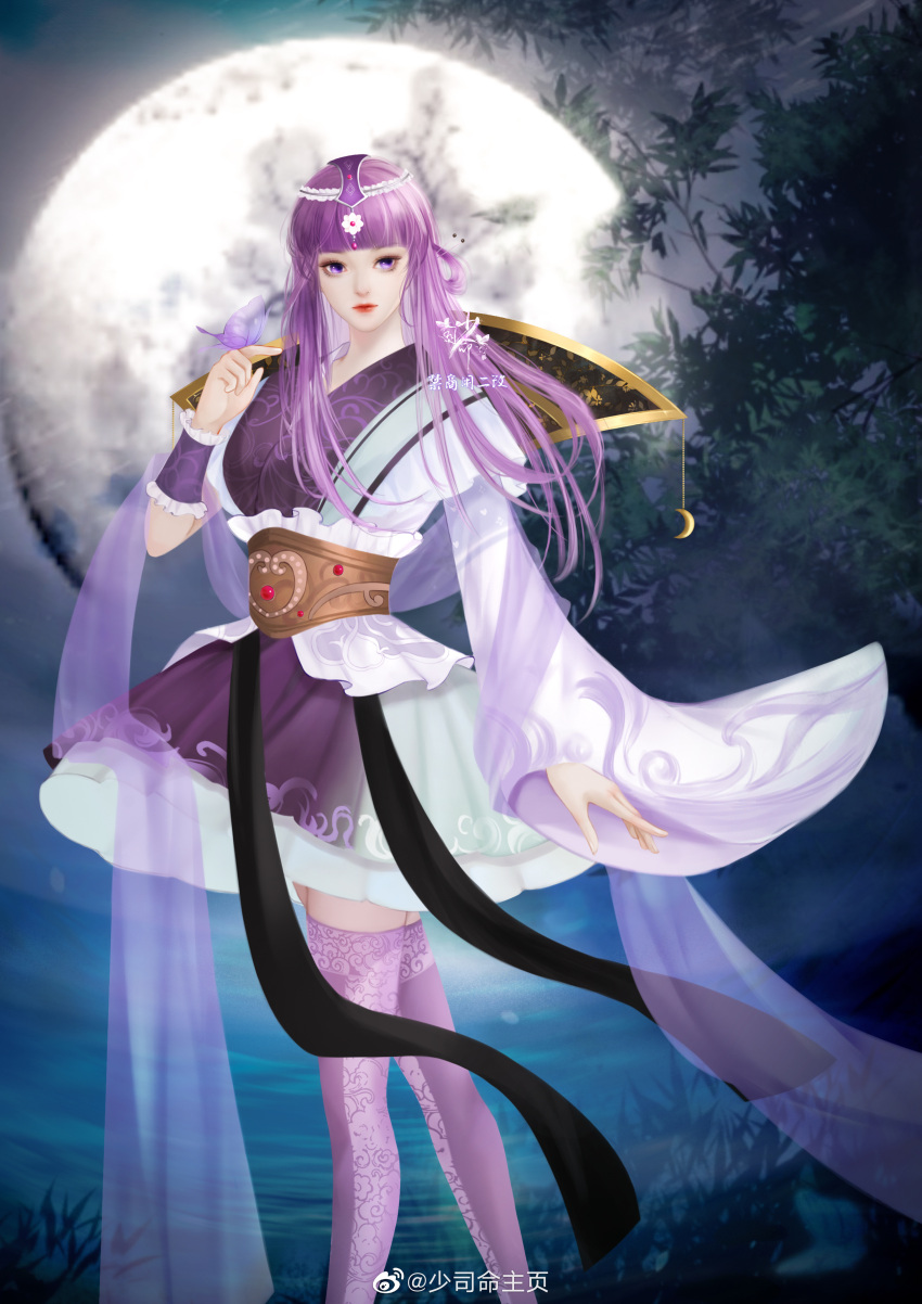 1girl absurdres arm_up armband asymmetrical_sleeves bug butterfly butterfly_on_hand closed_mouth expressionless frilled_armband frills grass hair_ornament highres looking_at_viewer moon night purple_eyes purple_thighhighs qin_shi_ming_yue second-party_source shao_siming_(qin_shi_ming_yue) shui_zhi_qingxiang single_hair_ring solo thighhighs upper_body water