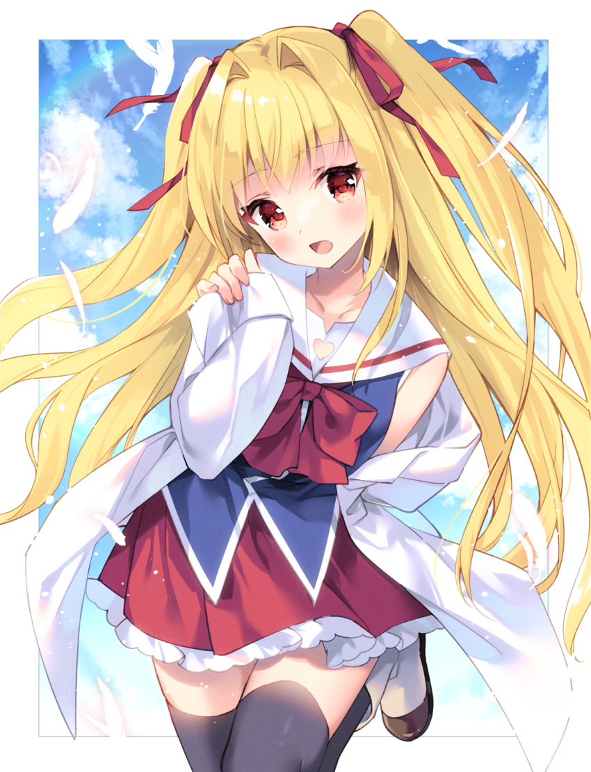 1girl :d black_thighhighs blonde_hair blue_shirt blue_sky boots clothing_cutout cloud cloudy_sky collarbone commentary_request commission feathers frilled_skirt frills hair_intakes hair_ribbon heart_cutout highres irori irotoridori_no_sekai lab_coat long_hair long_sleeves nikaidou_shinku open_clothes pinching_sleeves pleated_skirt red_eyes red_ribbon red_skirt ribbon sailor_collar shirt skeb_commission skirt sky sleeveless sleeveless_shirt sleeves_past_wrists smile solo standing standing_on_one_leg thighhighs two_side_up very_long_hair white_feathers white_footwear white_sailor_collar