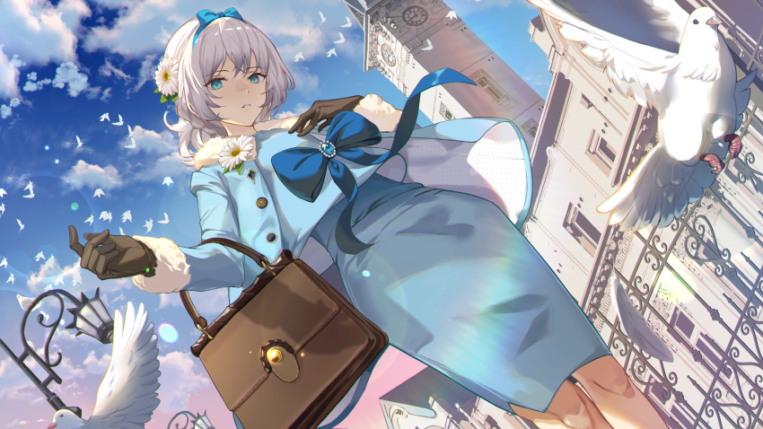 1girl alternate_costume an-94_(girls'_frontline) bag blue_bow blue_dress blue_eyes blue_jacket blue_sky bow brown_bag brown_gloves building clock clock_tower cloud cloudy_sky commission dawn dress dutch_angle english_commentary flock flower girls'_frontline gloves hair_bow hair_flower hair_ornament handbag highres jacket looking_at_viewer niac sky solo tower white_dove white_hair