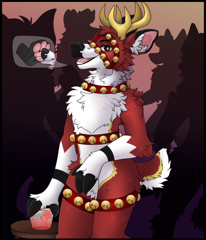 absurd_res anthro antlers apexyotie bell bell_collar collar deer harness hi_res horn male mammal paws solo