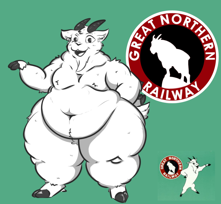 anthro beard belly big_belly bovid caprine domestic_goat facial_hair fur goat hi_res hooves horn huge_belly humanoid logo looking_at_viewer male mammal navel obese overweight overweight_male pennsy simple_background smile solo thick_thighs white_body white_fur wide_hips