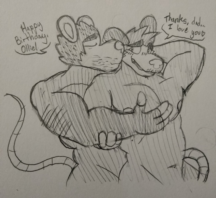 2023 anthro biceps biped birthday demonickel didelphid duo embrace father father_and_child father_and_son fur graphite_(artwork) hair hi_res hug hugging_from_behind i_love_you incest_(lore) lorenzo_(bowserboy101) male male/male mammal marsupial muscular muscular_anthro muscular_male navel nipples nude oliver_(bowserboy101) open_mouth open_smile parent parent_and_child pecs pencil_(artwork) smile son speech_bubble tail talking_to_another talking_to_partner traditional_media_(artwork)