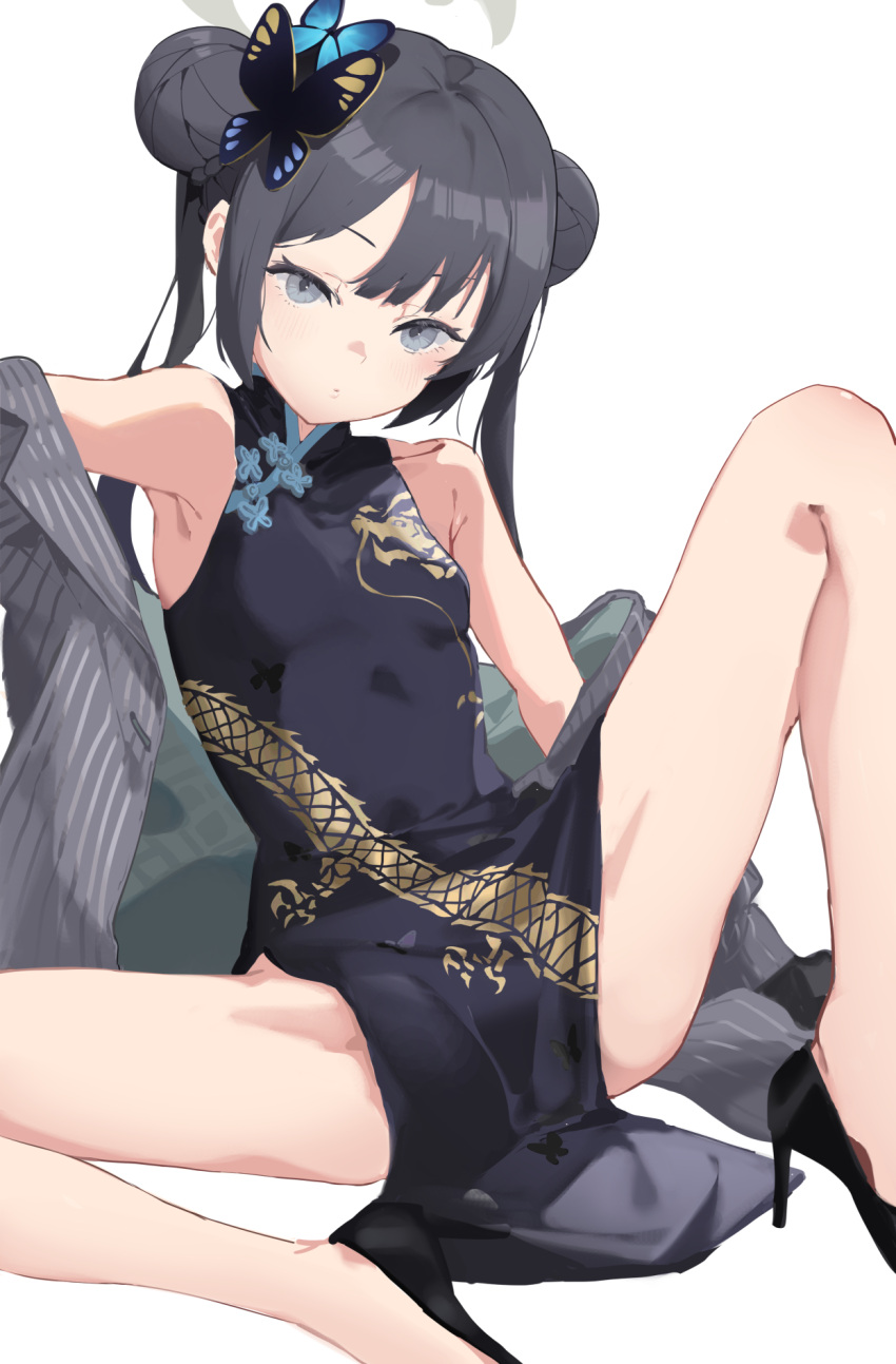 1girl armpit_crease armpits black_coat black_dress black_footwear black_hair blue_archive breasts butterfly_hair_ornament china_dress chinese_clothes closed_mouth coat collarbone double_bun dragon_print dress grey_coat grey_eyes hair_bun hair_ornament high_heels highres kisaki_(blue_archive) light_blush looking_at_viewer pelvic_curtain pinstripe_jacket pinstripe_pattern print_dress sidelocks simple_background small_breasts solo spread_legs striped tsuiru twintails vertical-striped_coat white_background