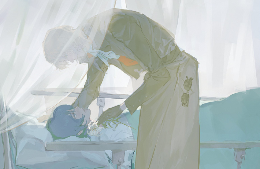 2boys bed blonde_hair blue_eyes blue_hair char_aznable closed_mouth colored_eyelashes curtains english_commentary eye_contact eyewear_in_pocket eyewear_removed flower gundam gundam_zz hand_on_another's_chest highres hospital hospital_bed indoors kamille_bidan leaning_forward lily_(flower) long_coat long_sleeves looking_at_another lying male_focus multiple_boys neckerchief on_back parted_lips pillow pulppunk001 red_shirt shirt short_hair standing sunglasses under_covers white_flower white_neckerchief white_shirt