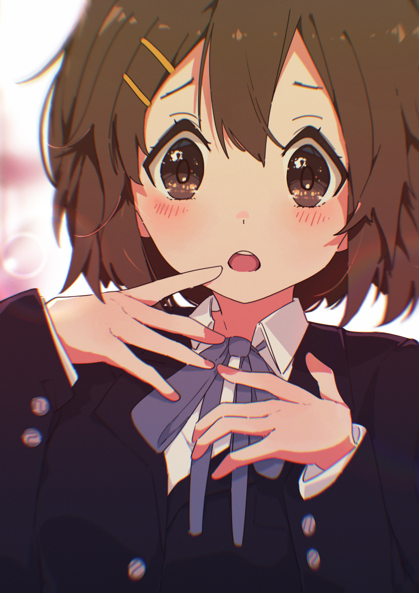 1girl absurdres blazer blush brown_eyes brown_hair collared_shirt hair_ornament hairclip hands_up highres hirasawa_yui jacket k-on! long_sleeves looking_to_the_side nbjdnhgfm neck_ribbon open_mouth ribbon sakuragaoka_high_school_uniform school_uniform shirt short_hair solo teeth upper_body upper_teeth_only