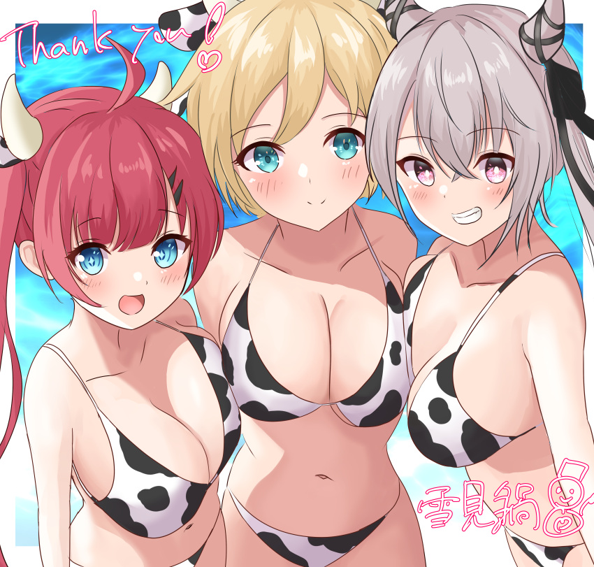 3girls :d absurdres ahoge alternate_costume animal_print aqua_eyes artist_name azur_lane bikini black_bikini black_ribbon blonde_hair blush breast_press breasts california_(azur_lane) cleavage closed_mouth commission cow_print cow_print_bikini cowboy_shot crossed_bangs eyes_visible_through_hair fake_horns grey_hair grey_horns grin hair_between_eyes hair_ribbon heart highres horn_ornament horn_ribbon horns large_breasts long_hair looking_at_viewer multiple_girls navel onabe_no_shime open_mouth pink_eyes print_bikini red_hair ribbon san_diego_(azur_lane) san_francisco_(azur_lane) short_hair skeb_commission smile split_mouth standing swimsuit thank_you twintails white_bikini