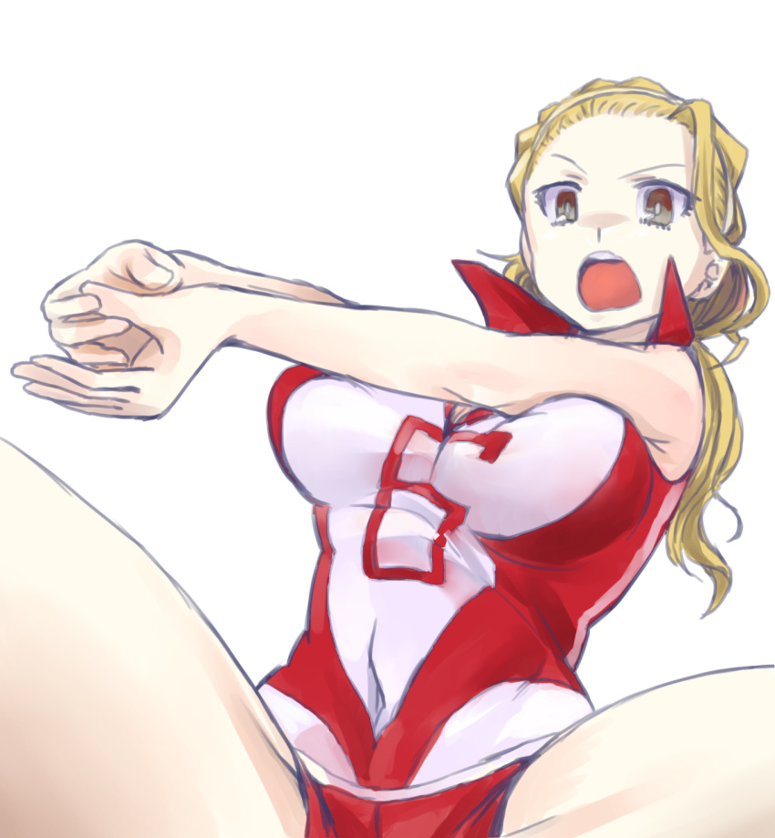 1girl blonde_hair brown_eyes bumping commentary frown girls_und_panzer hair_pulled_back hairband highres long_hair looking_at_viewer nabeyu open_mouth own_hands_together ponytail red_shirt red_shorts sasaki_akebi shirt short_shorts shorts simple_background sleeveless sleeveless_shirt sportswear squatting volleyball_uniform white_background white_hairband