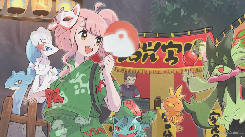 1boy 1girl :d ahoge commentary_request cotton_candy fence green_shirt green_shorts highres holding ivysaur lantern lapras looking_to_the_side market_stall mask mask_on_head meowscarada mocha_fushigi open_mouth outdoors paper_lantern pink_hair poke_ball_print pokemon pokemon_(creature) pokemon_(game) pokemon_sv primarina shirt short_sleeves shorts smile teeth torchic upper_teeth_only