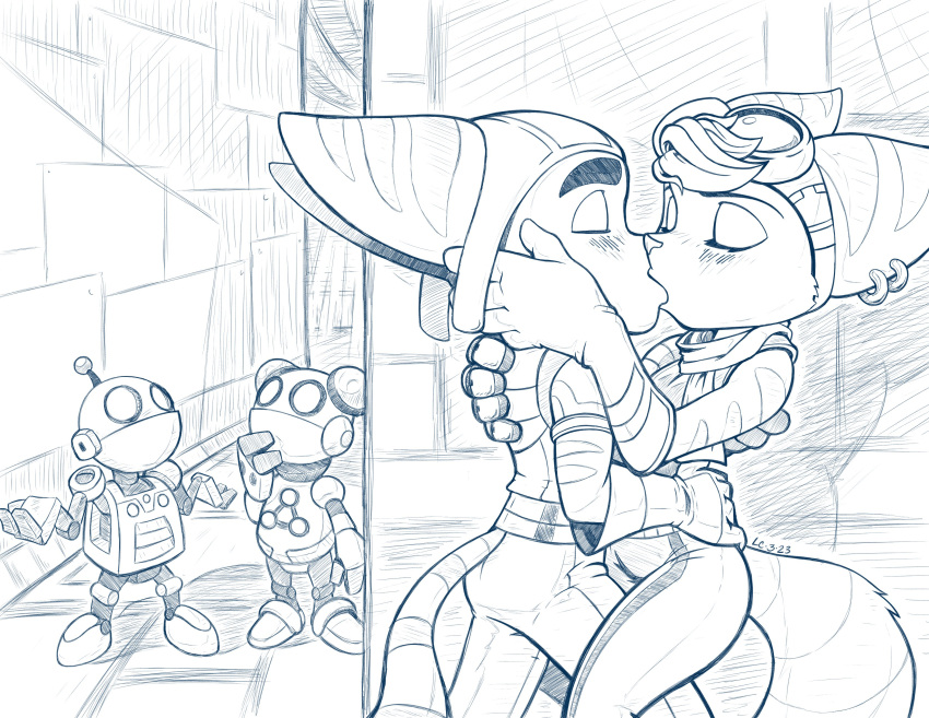 absurd_res anthro blush confusion duo embrace female hi_res hiding hiding_behind_wall kissing latecustomer lombax machine male male/female mammal monochrome ratchet ratchet_and_clank rivet_(ratchet_and_clank) robot romantic romantic_couple sketch sony_corporation sony_interactive_entertainment story story_in_description straddling_leg striped_body stripes