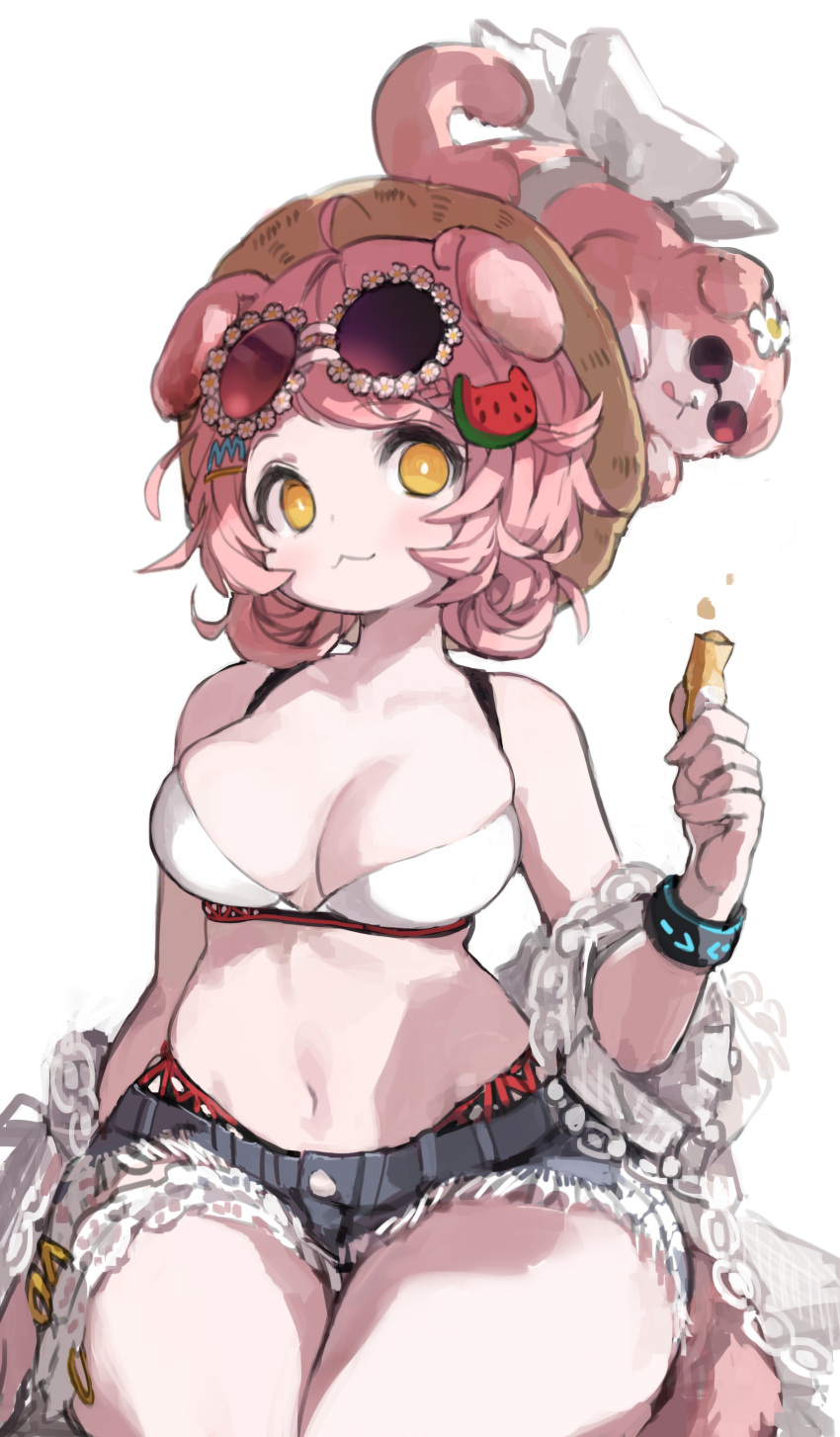 1girl :3 absurdres ahoge animal_ears animal_on_head arknights bikini bikini_under_clothes bikini_under_shorts black_bracelet blue_shorts breasts bright_pupils brown_headwear cat cat_ears cat_girl cat_on_head cat_tail cleavage cowboy_shot eyewear_on_head floppy_ears food-themed_hair_ornament goldenglow_(arknights) goldenglow_(summer_flowers)_(arknights) hair_ornament hairclip hat highres holding infection_monitor_(arknights) kkaebing large_breasts looking_at_viewer micro_shorts navel official_alternate_costume on_head pink_hair purple-tinted_eyewear round_eyewear short_hair shorts simple_background sitting solo stomach sunglasses swimsuit tail thighs tinted_eyewear watermelon_hair_ornament white_background white_bikini white_pupils yellow_eyes