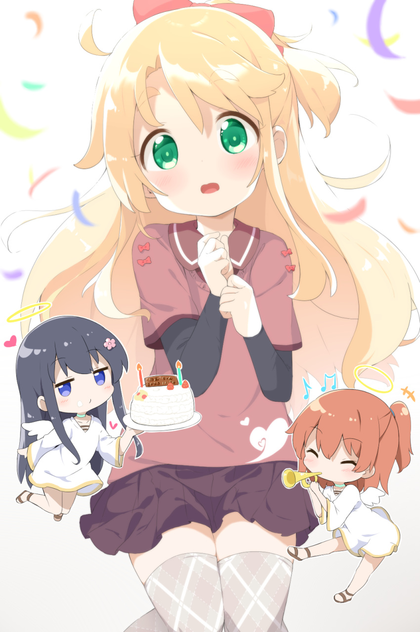 +++ 3girls ^_^ beamed_eighth_notes black_hair blonde_hair blush bow brown_background brown_footwear brown_hair brown_shirt brown_skirt brown_thighhighs cake candle closed_eyes closed_mouth commentary_request confetti dress eighth_note fire food gradient_background green_eyes hair_bow head_tilt highres himesaka_noa holding holding_instrument hoshino_hinata instrument layered_sleeves long_sleeves looking_at_viewer makuran mini_person minigirl multiple_girls musical_note open_mouth plaid plaid_legwear plaid_thighhighs pleated_skirt ponytail purple_eyes red_bow sandals shirosaki_hana shirt short_over_long_sleeves short_sleeves skirt thighhighs translation_request trumpet watashi_ni_tenshi_ga_maiorita! white_background white_dress wide_sleeves