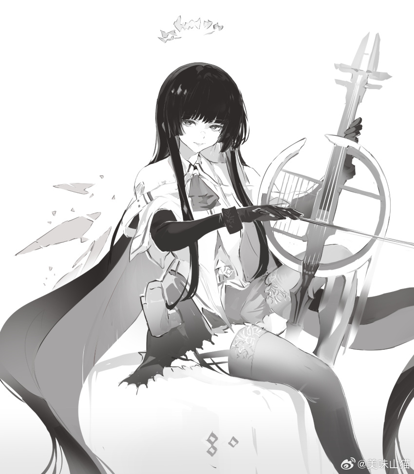 1girl arknights artist_name ascot belt belt_buckle belt_pouch blunt_bangs bow_(music) broken_halo buckle bustier cello chinese_commentary chinese_text collared_jacket colored_inner_hair commentary_request dark_halo detached_wings energy_wings eyelashes from_side garter_straps gloves greyscale halo hands_up highres hime_cut holding holding_bow_(music) holding_instrument holding_violin instrument invisible_chair jacket knee_up koio layered_sleeves light_smile lips long_hair long_sleeves looking_at_viewer miniskirt mole mole_under_eye monochrome multicolored_hair music outstretched_hand playing playing_instrument pouch shade shirt short_over_long_sleeves short_sleeved_jacket short_sleeves sidelocks simple_background sitting sketch skirt solo thighhighs two-tone_hair very_long_hair violin virtuosa_(arknights) watermark weibo_logo weibo_username wide_sleeves wing_collar wings zettai_ryouiki