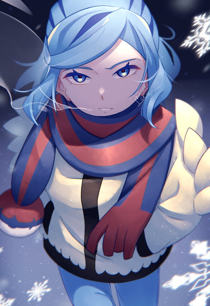 1boy blue_eyes blue_hair blue_pants blue_scarf blurry breath commentary_request cowboy_shot eyelashes grusha_(pokemon) hands_in_pockets highres jacket male_focus mocacoffee_1001 pants pokemon pokemon_(game) pokemon_sv scarf signature snowflakes solo striped striped_scarf yellow_jacket