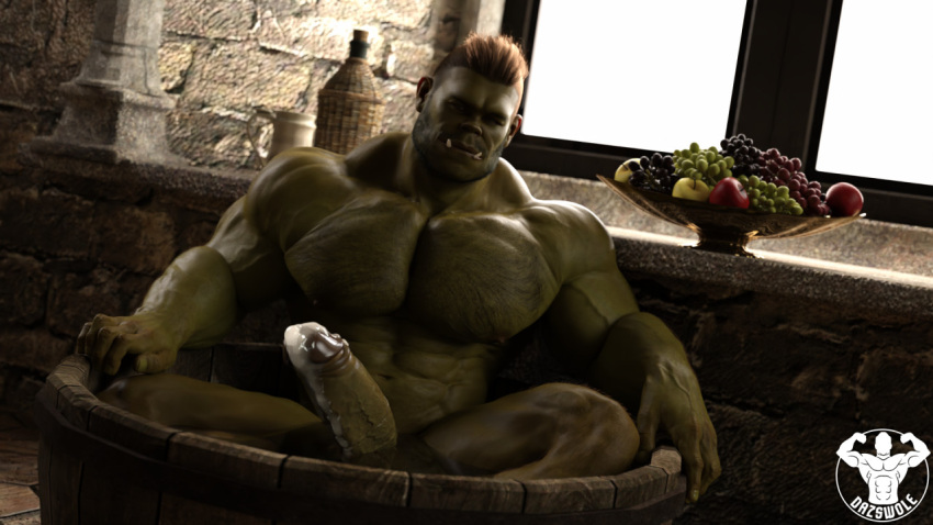 balls bodily_fluids body_hair chest_hair cum cum_drip cum_on_penis dazswole dripping genital_fluids genitals green_body green_skin humanoid leaking_cum male muscular muscular_humanoid muscular_male muscular_thighs nipples orc penis solo vein veiny_muscles veiny_penis