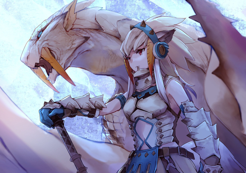 1girl animal_ears arknights armor barioth barioth_(armor) closed_mouth crossover e-bushi fox_ears fox_girl frostleaf_(arknights) gauntlets grey_hair headphones helmet highres monster_hunter_(series) navel upper_body weapon