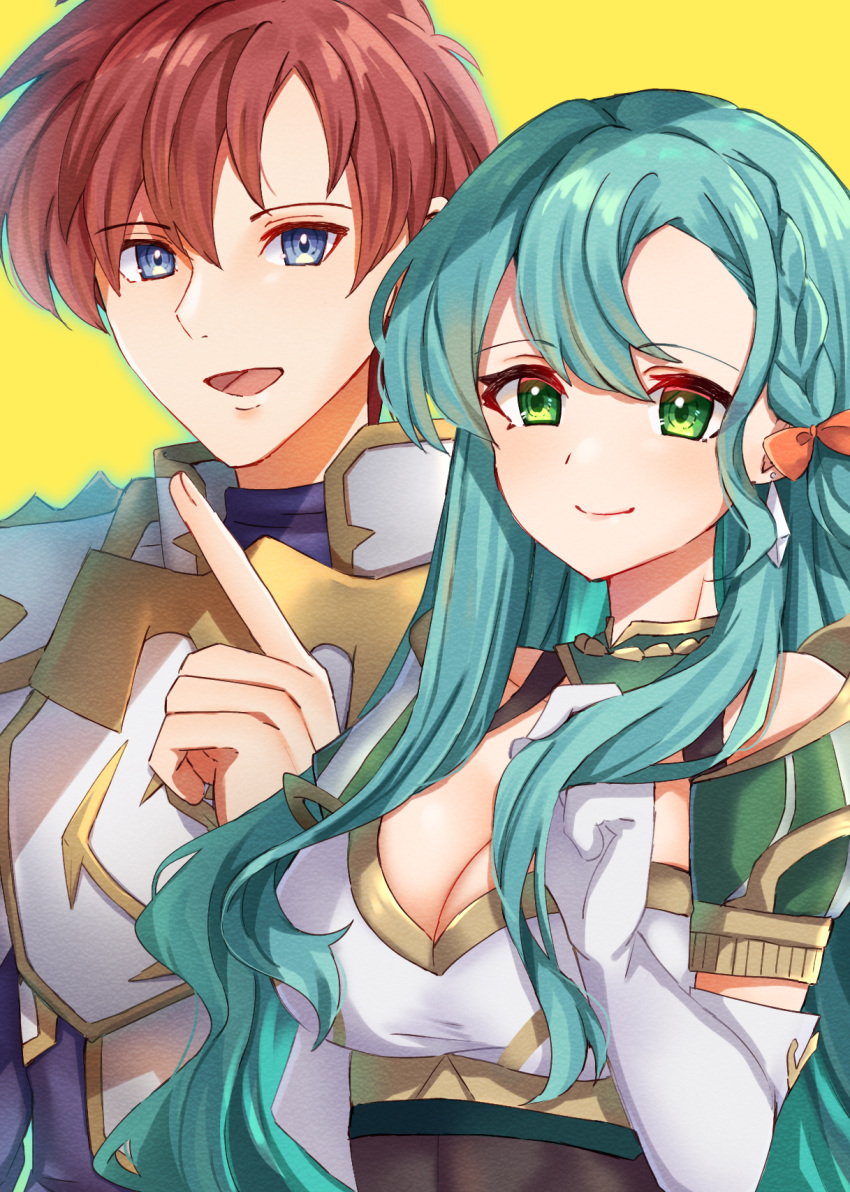 1boy 1girl :d aqua_hair armor blue_eyes bow breastplate breasts brown_hair chloe_(fire_emblem) cleavage commentary_request edamameoka fire_emblem fire_emblem:_thracia_776 fire_emblem_engage gloves green_eyes hair_bow highres index_finger_raised large_breasts leif_(fire_emblem) long_hair looking_at_viewer open_mouth orange_bow short_hair shoulder_armor simple_background smile upper_body very_long_hair white_gloves yellow_background